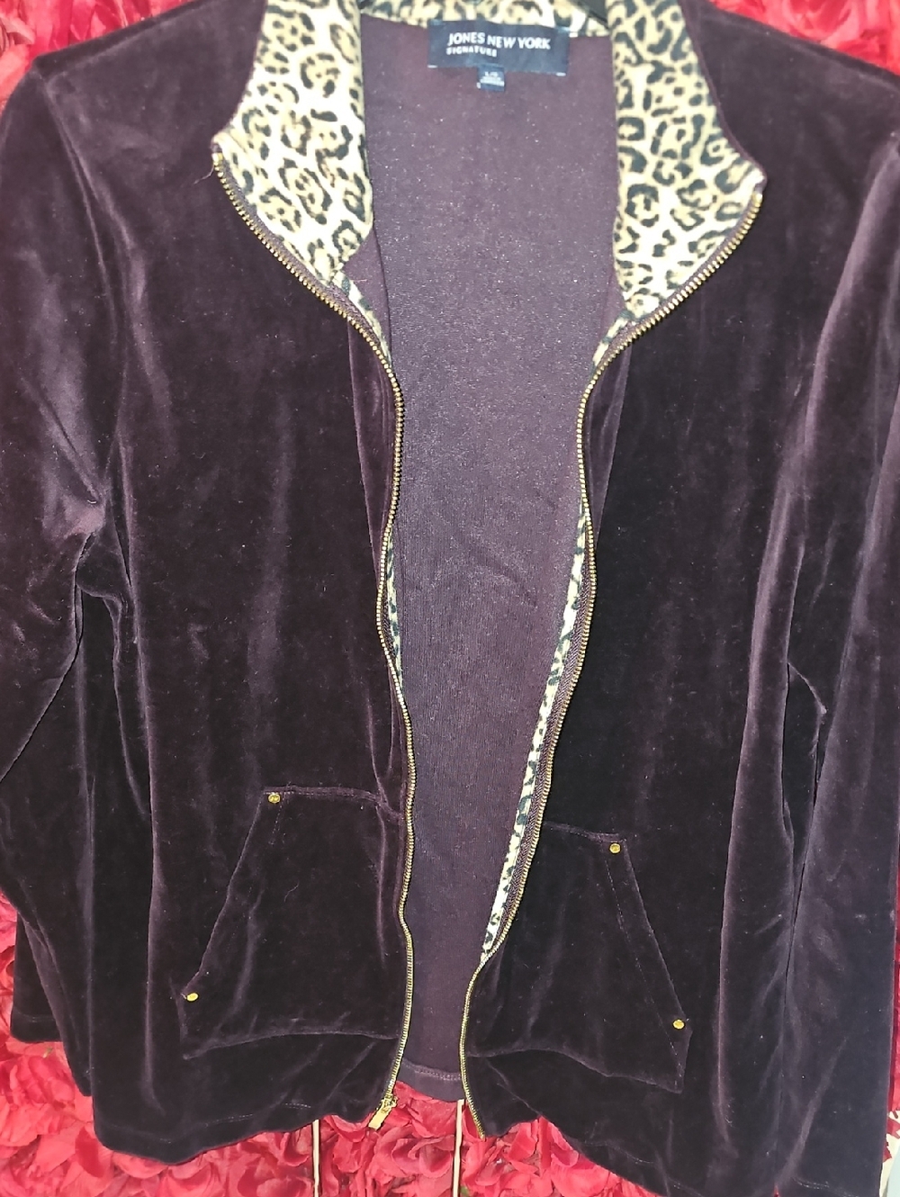 Jones New York Velvet Bomber Jacket in Deep Plum with Leopard Trim Size Large